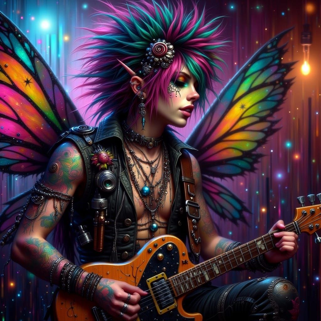 A male fairy punk rocker with a glowing star and moon tattoo who looks like Sid Vicious, playing in a 1980s club in Lond...