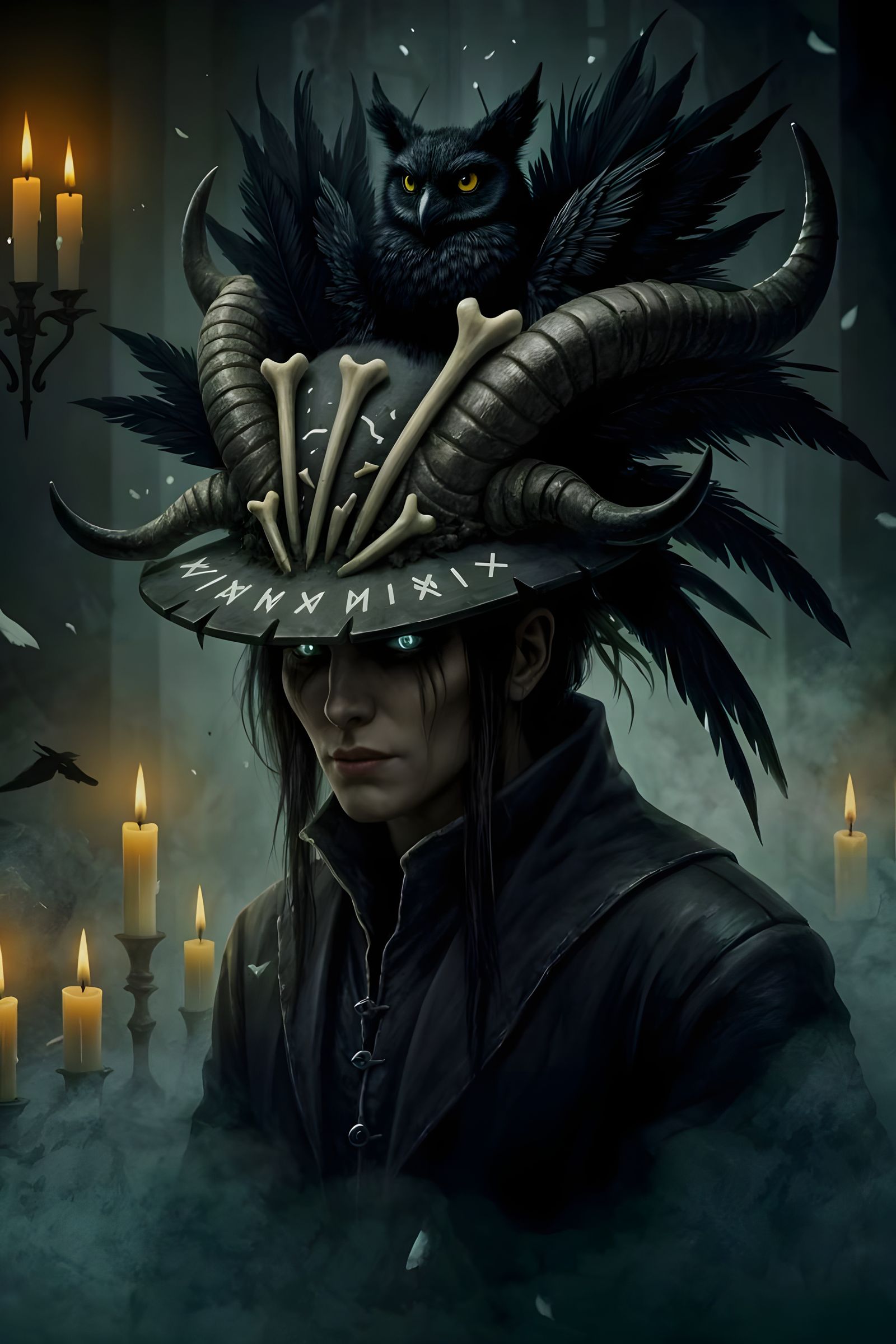 Gothic Fantasy Hat with Horns and Feathers