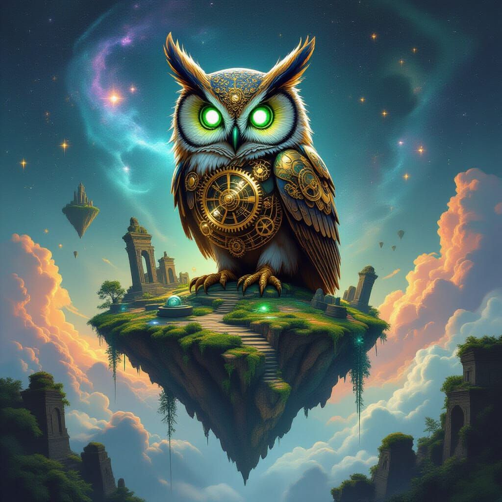 Clockwork Owl on Floating Island in Cosmic Nebula