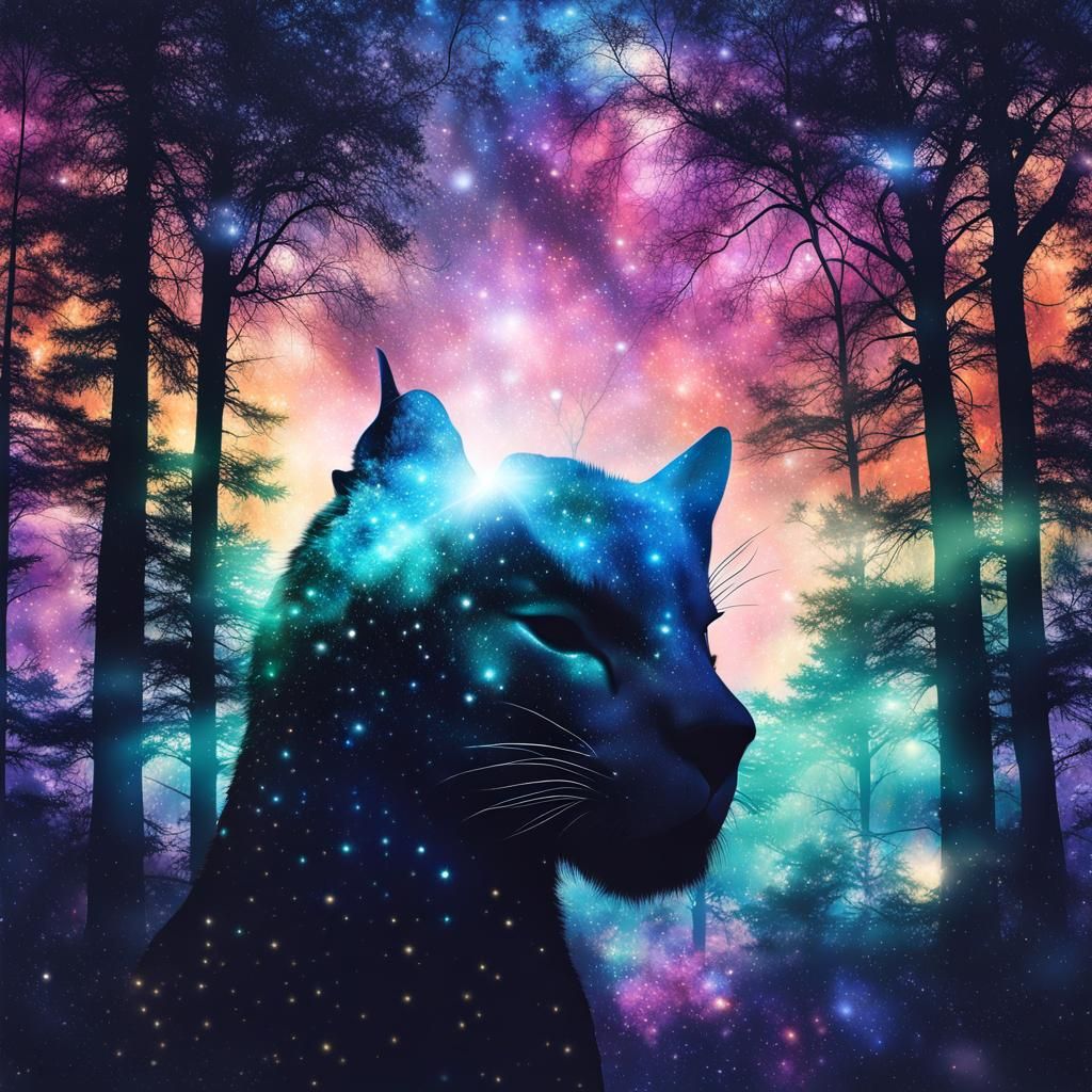 Mountain Lion Silhouette in Astral Forest: Double Exposure A...