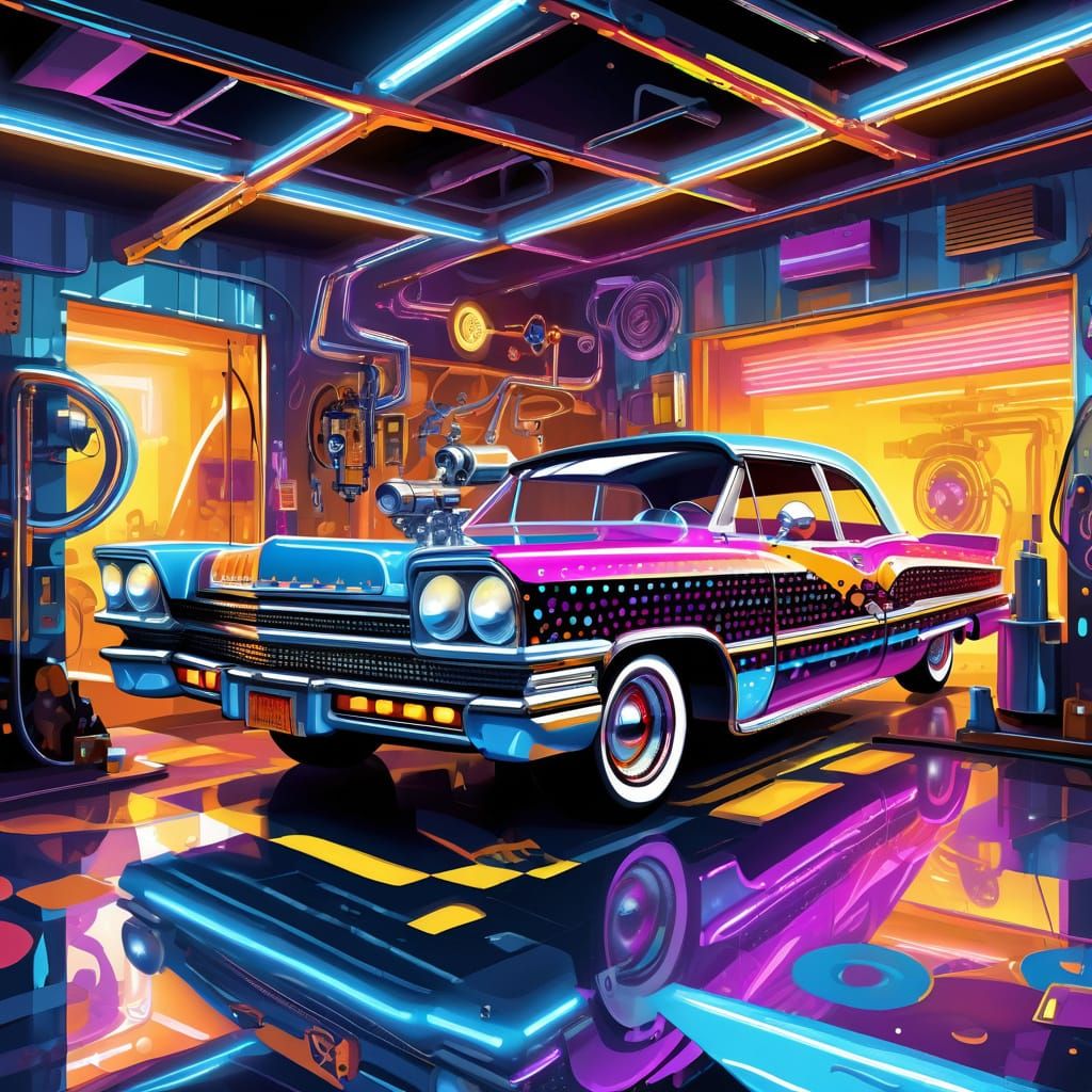 Chrome Lowrider Bouncing in Neon Garage, Digital Painting