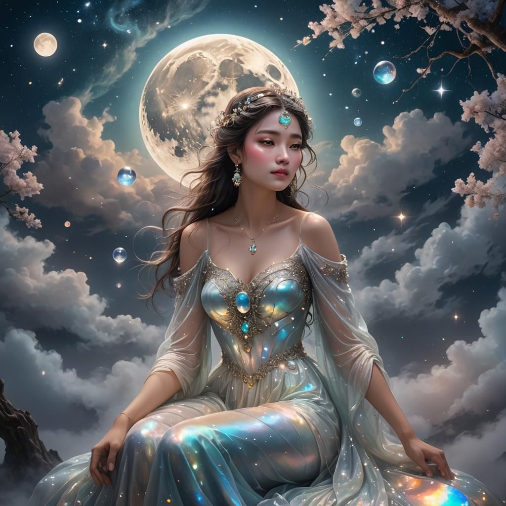 Beautiful lady, sitting, ❤️ moon, at night, moonlight, sky i...