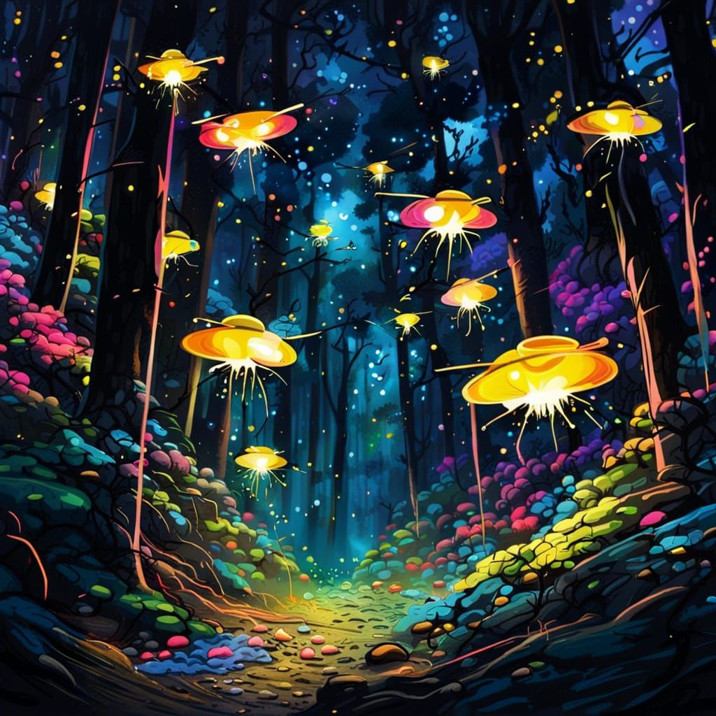 Fireflies Illuminate Forest in Graffiti Art Style