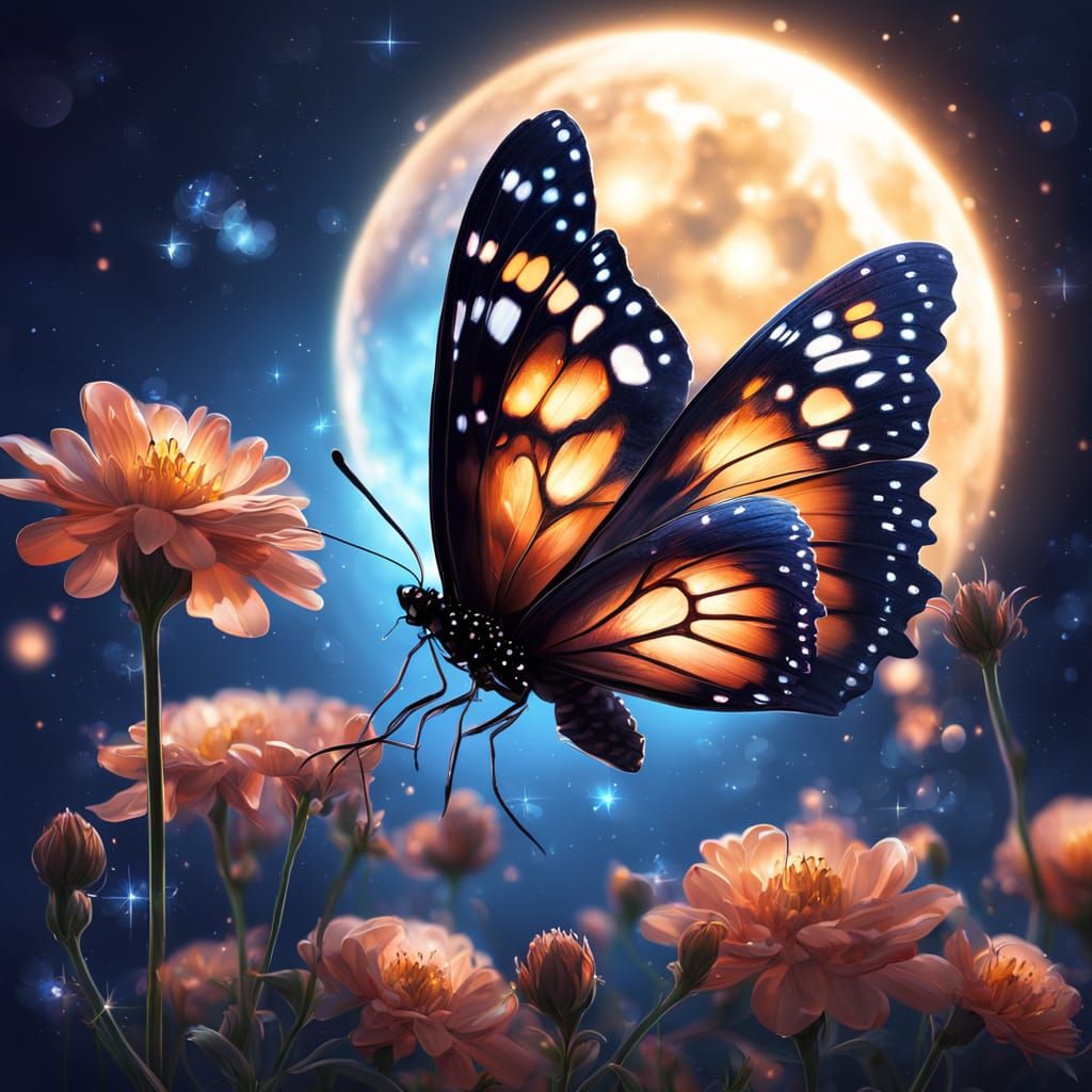 Glow Butterfly on Moonlit Flower in Hyperrealistic Splash Ar...
