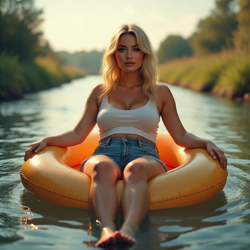 Woman Relaxing on River Raft, Hyperrealistic Style