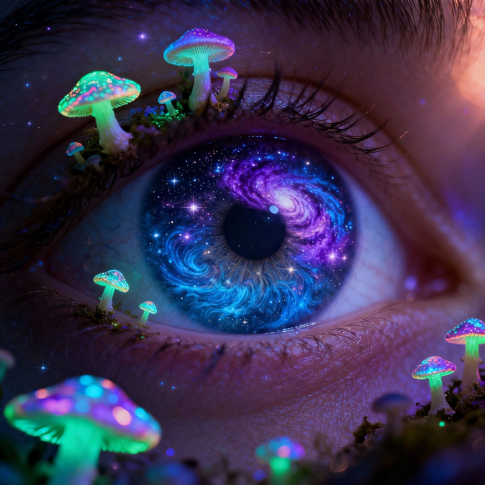 Vibrant Iris Reflecting Orion Nebula with Psychedelic Mushro...