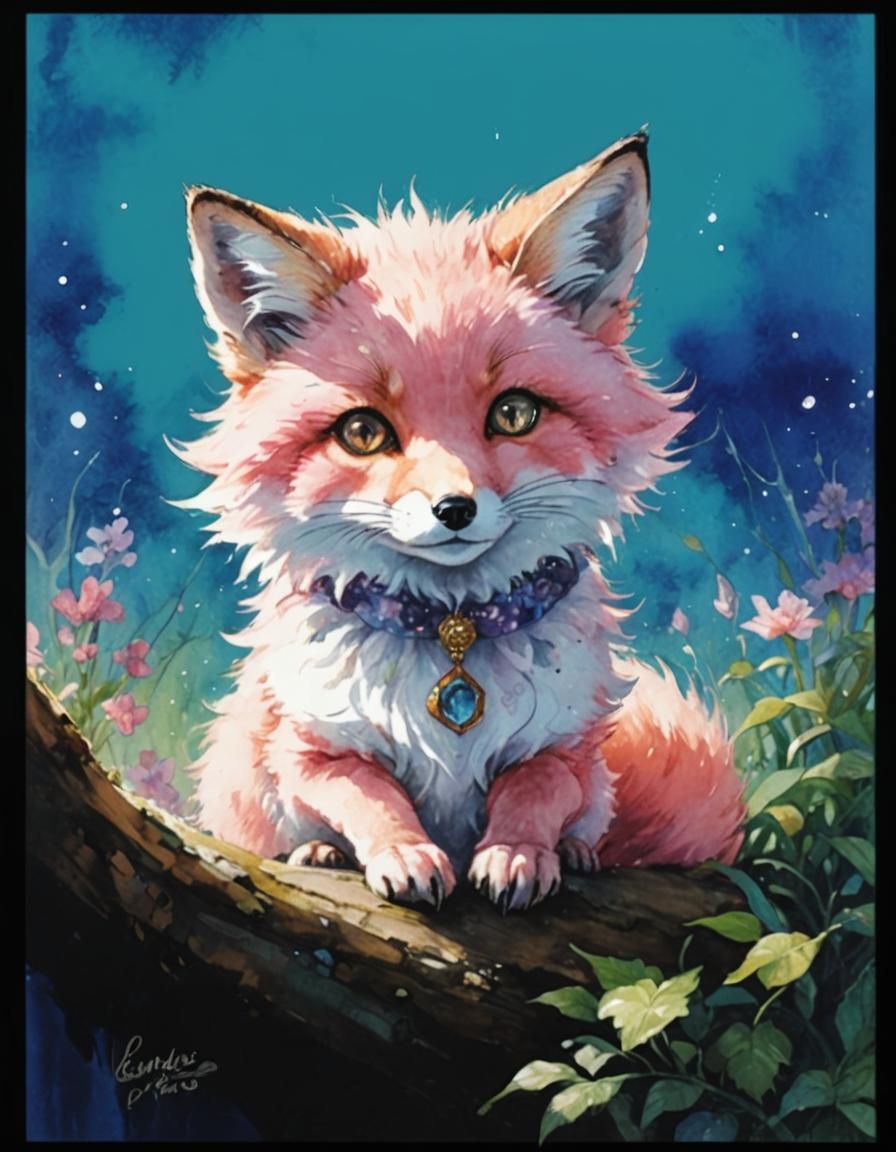 Cute Pink Fox Girl in Watercolor Anime Style