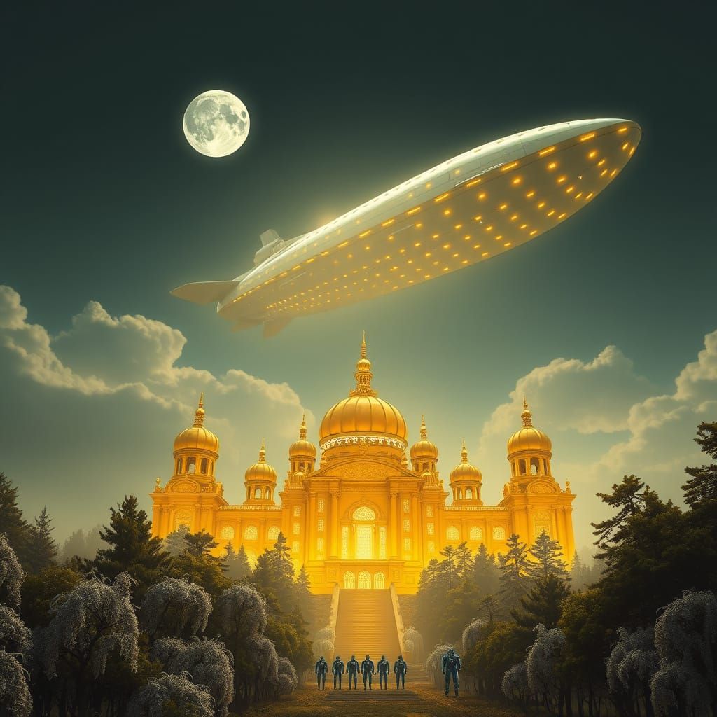 Golden Palace in Enchanted Forest Under Moonlit Sky