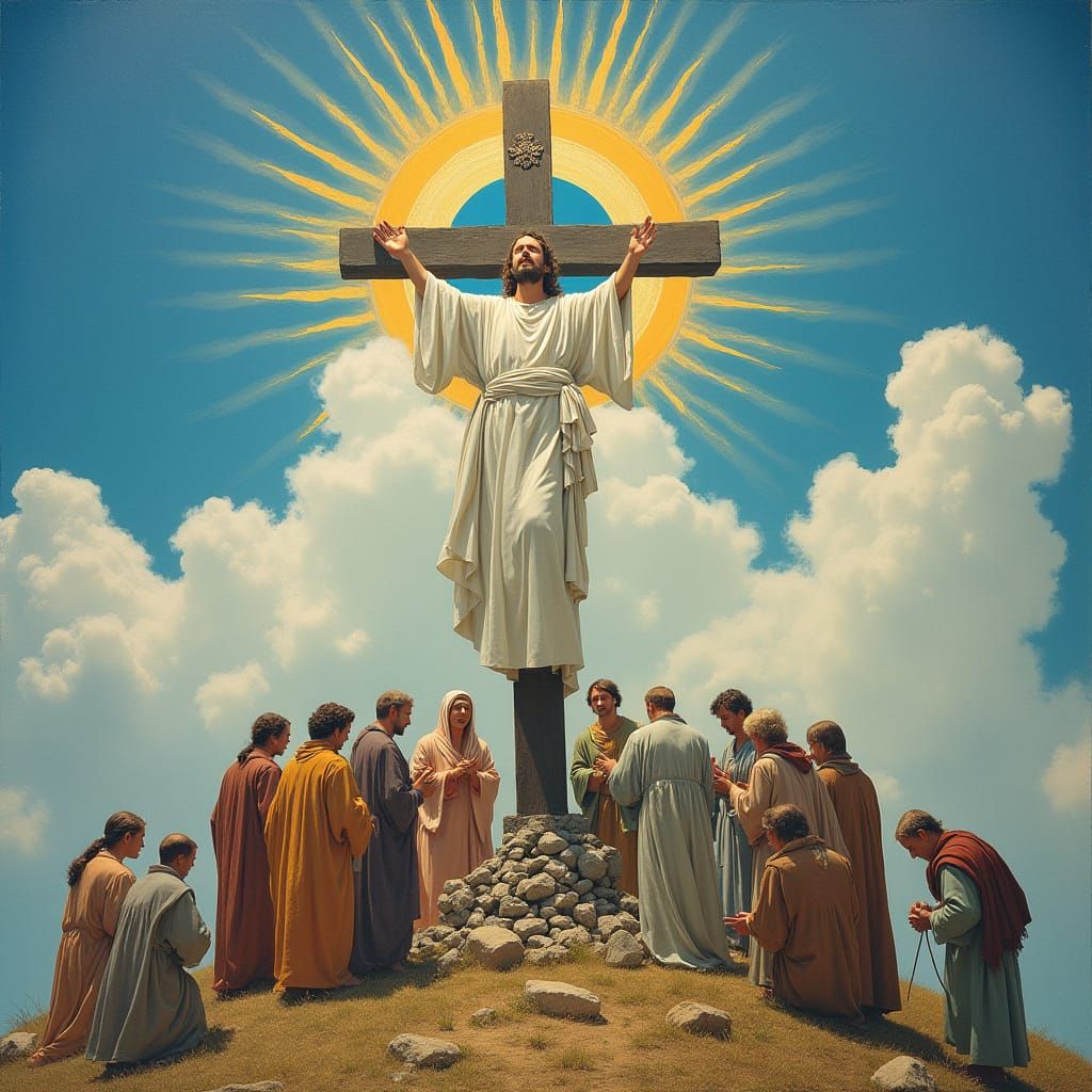 God on Cross with Worshippers: Surreal Art