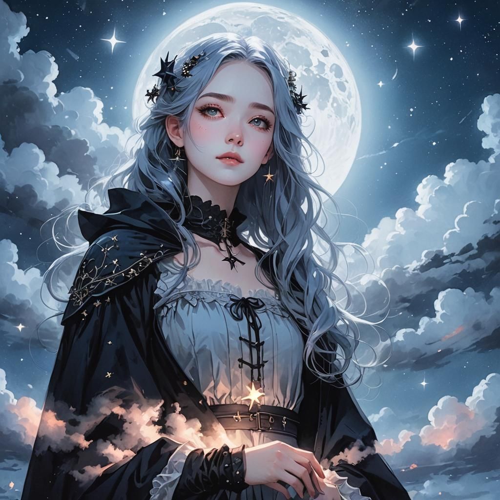 Cute Girl Watching Stars in Whimsical Gothic Style