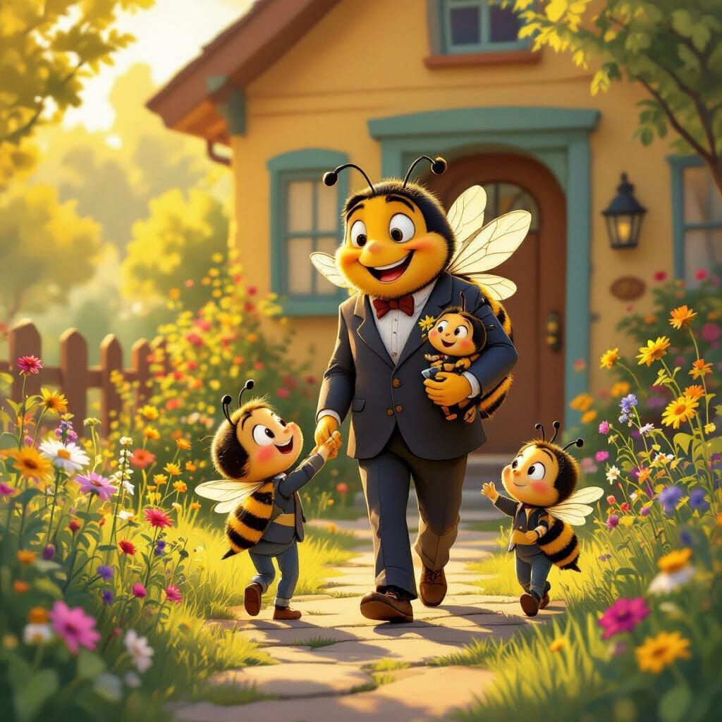 Bee Daddy Returns Home to Joyful Family in Garden