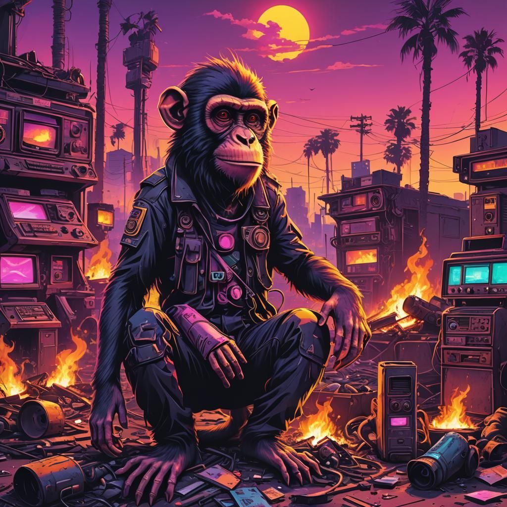 Junk Monkeys in Post-Apocalyptic Sunset: Synthwave Neon Art