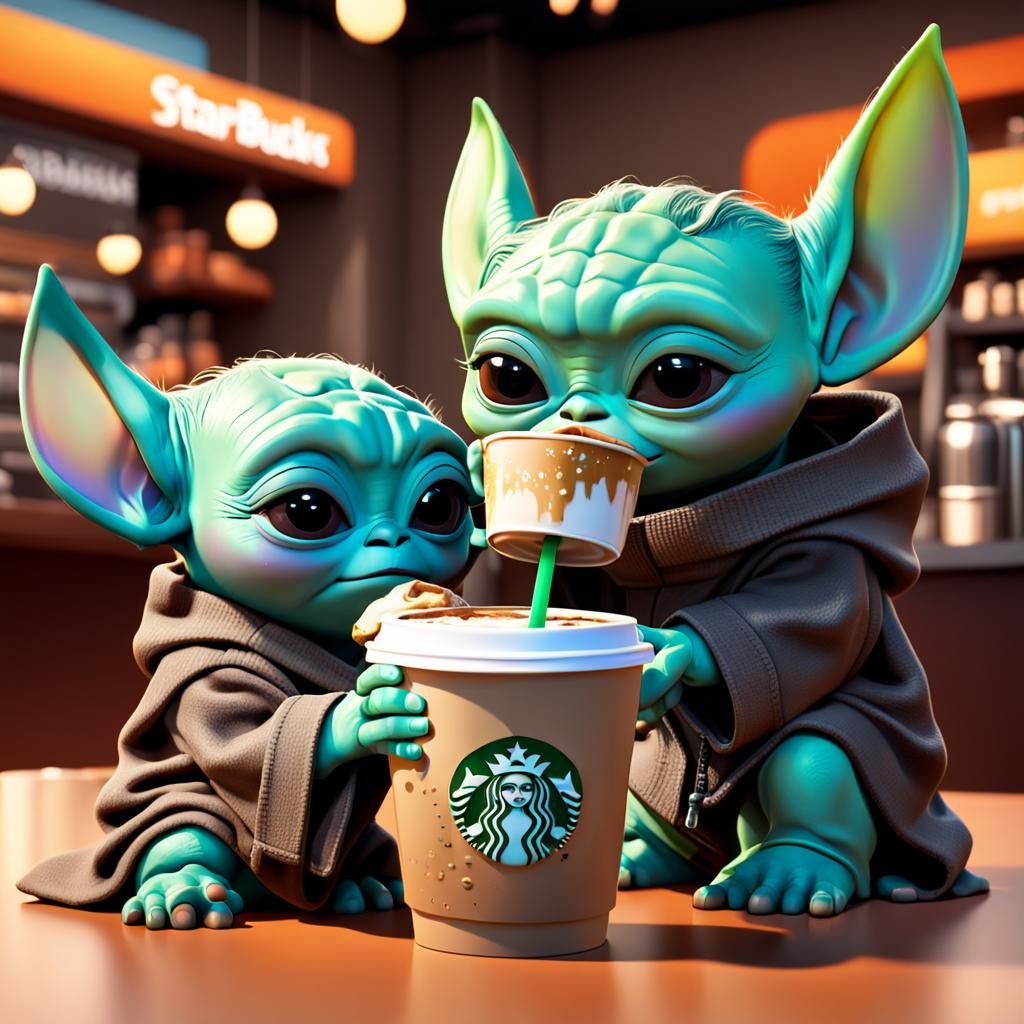 Baby Yoda Sipping Starbucks: Pixar-Style 3D Art