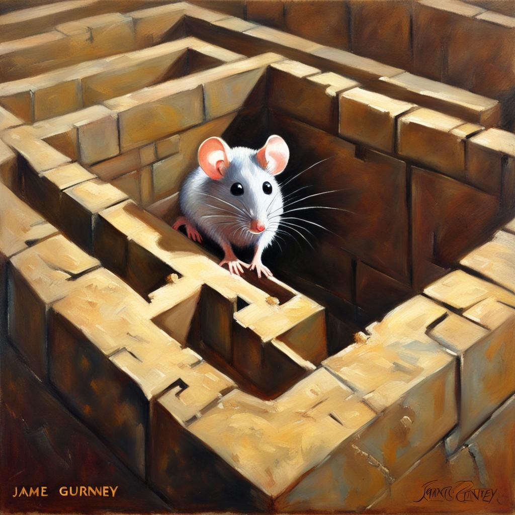 Mouse Navigating Maze, Oil Painting Style
