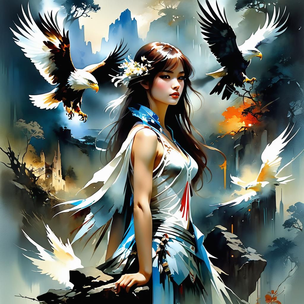 Eagle Watercolor Landscape in Illustration Style