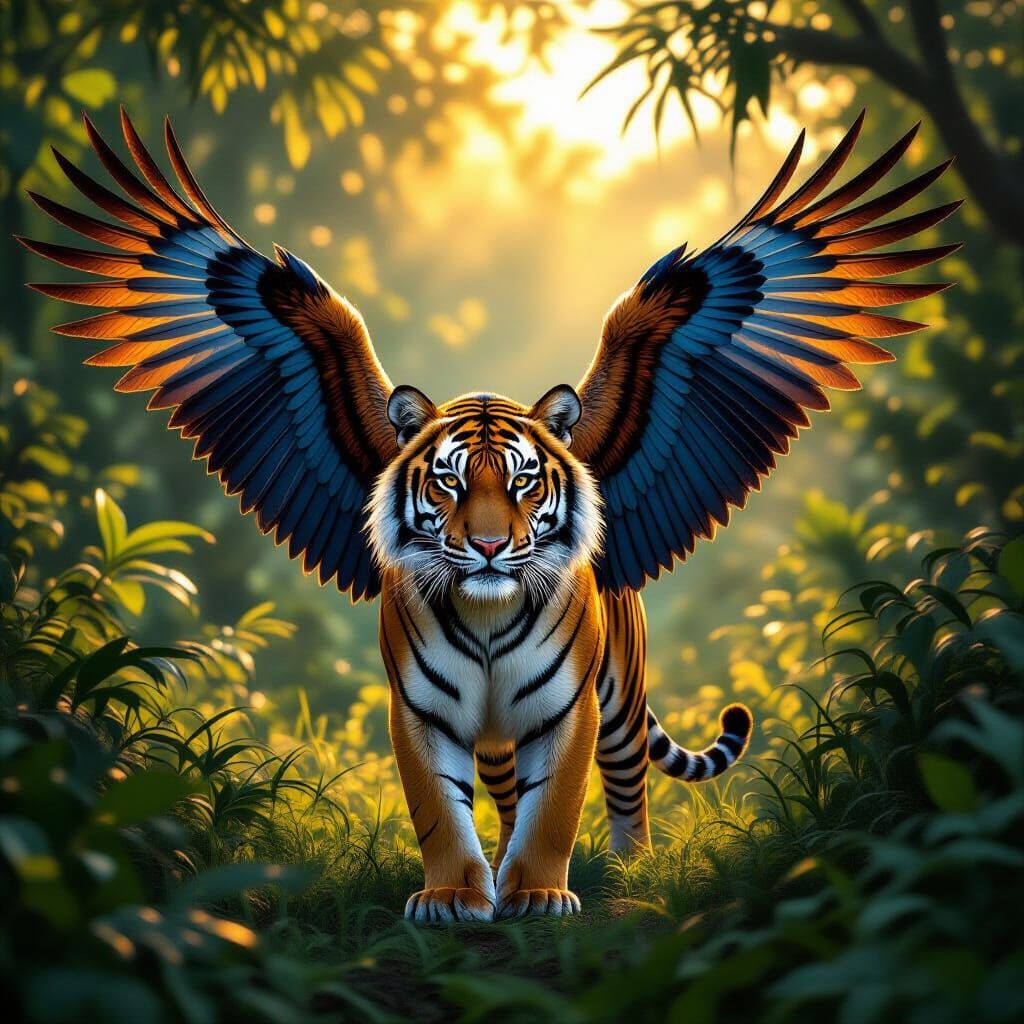 Majestic Tiger With Eagle Wings in Lush Jungle
