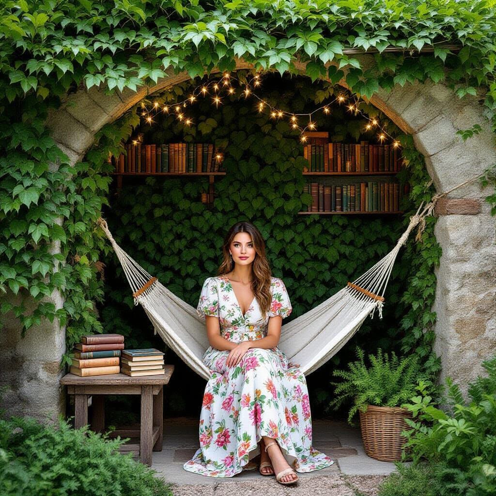 Enchanted Garden Alcove with Woman in Dress