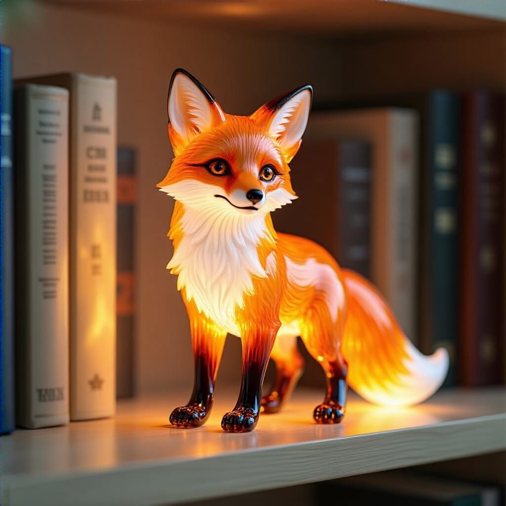 Sparkling Glass Fox Figurine on Bookshelf in Vibrant Fantasy...