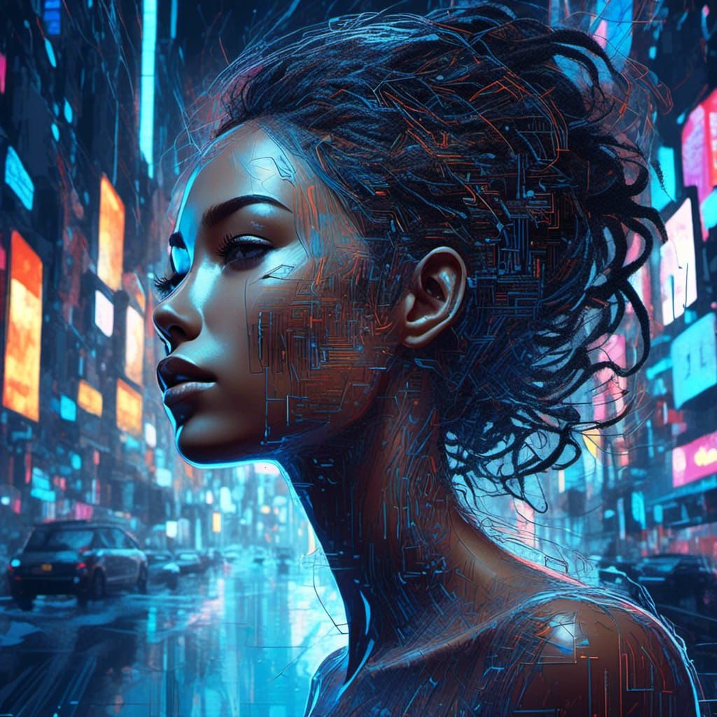 woman's face  <lora:Double Exposure:1.0>futuristic city insi...