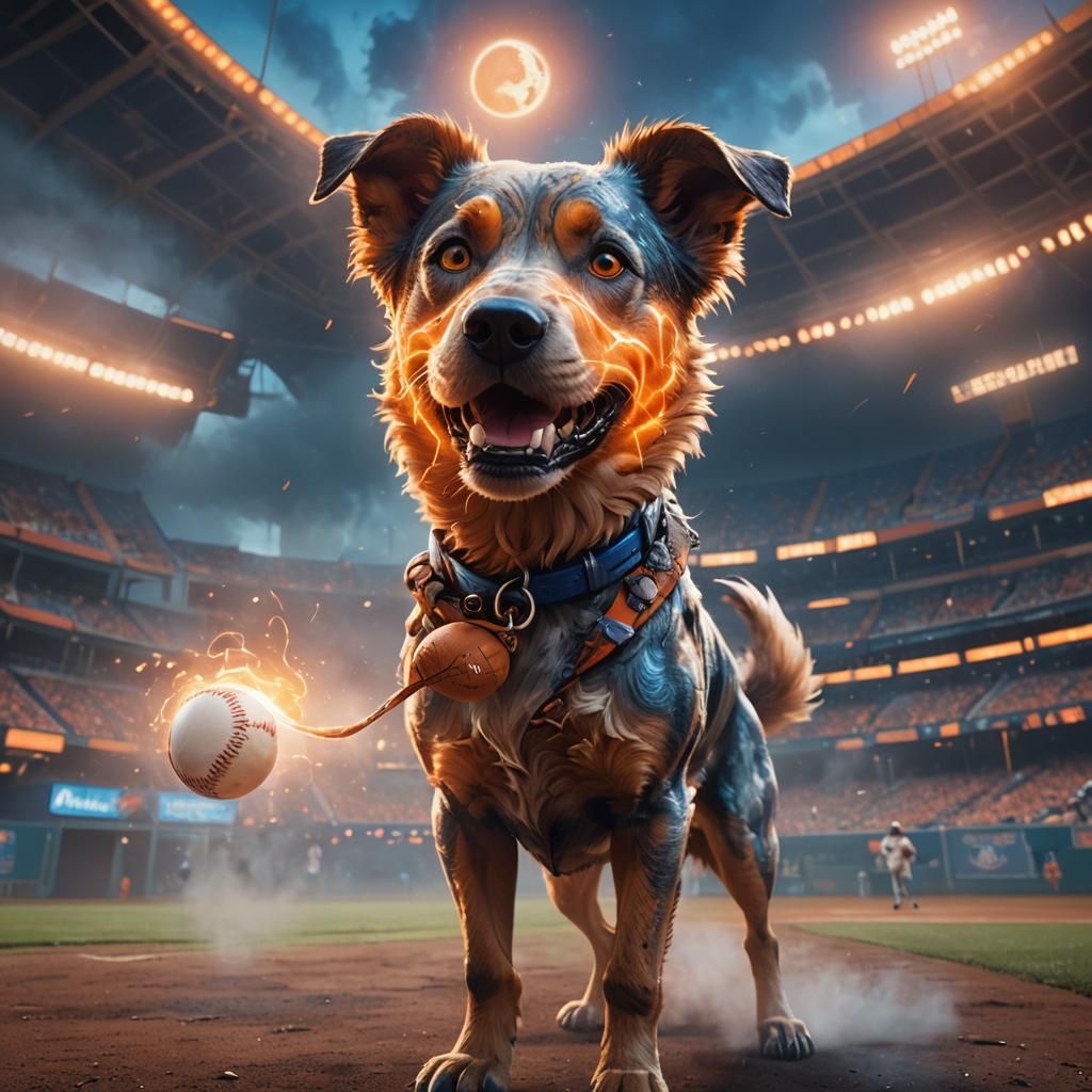 Dog Holding Glowing Baseball in Surreal Stadium