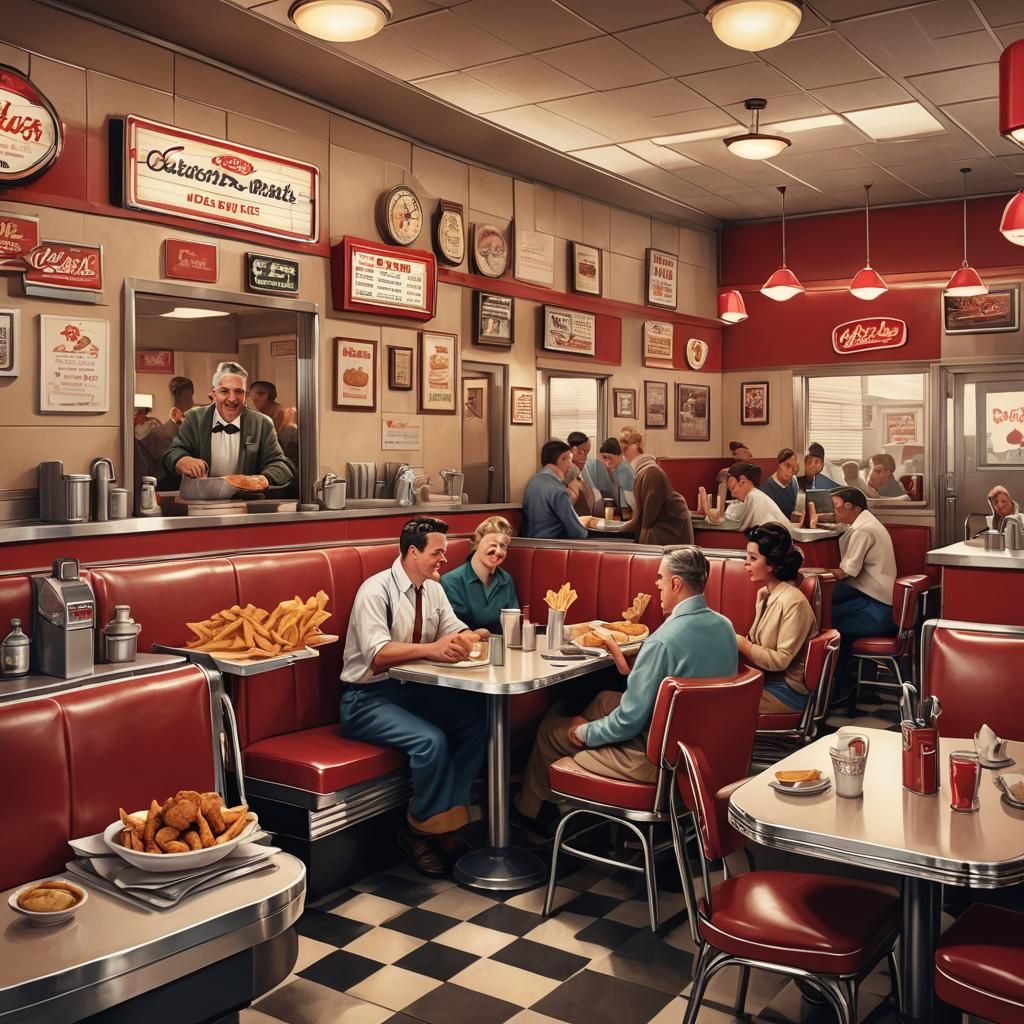 Retro Diner Scene with Chicken and Chips Illustration