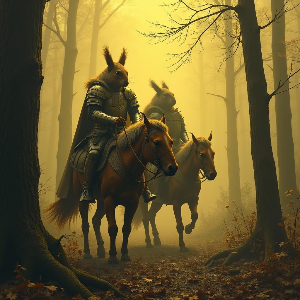 Armored Squirrel Knights in Abandoned Woodland, Digital Art