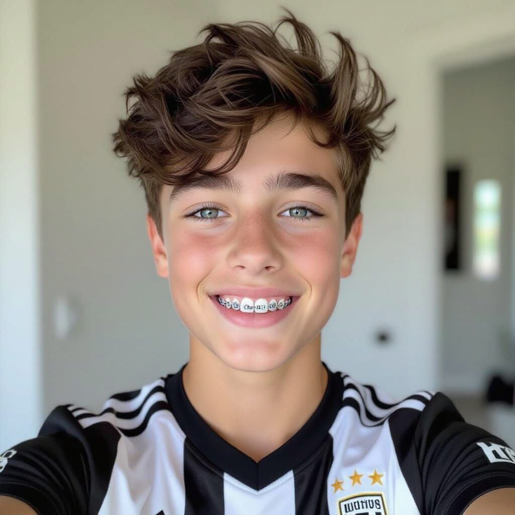 Teenage Boy Smiles Showing Metal Braces in Juventus Kit