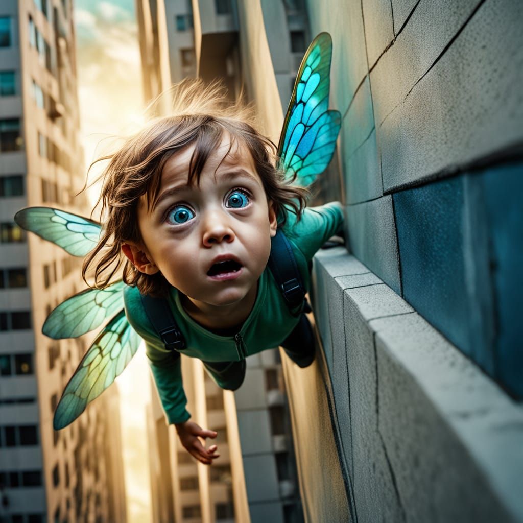 Surreal Skyscraper Scene with Giant Flies