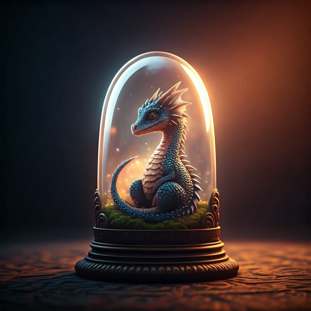 Mystical Baby Dragon in Glass Box: Fantasy Art
