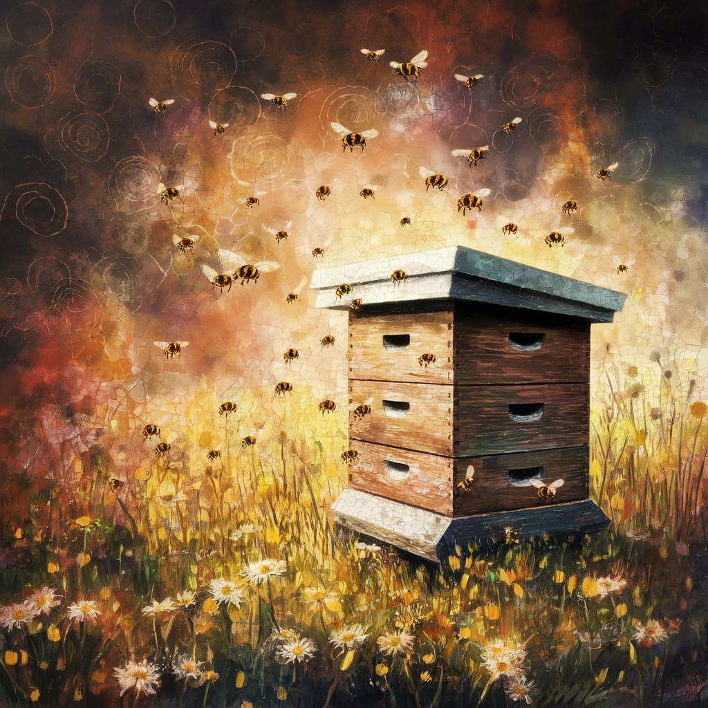 Vibrant Wildflower Scene with Swirling Bees in Suminagashi I...