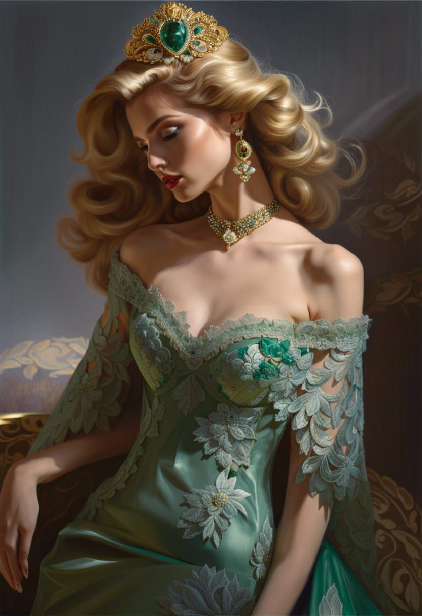 Woman in Green Lace Gown, Rutkowski Style
