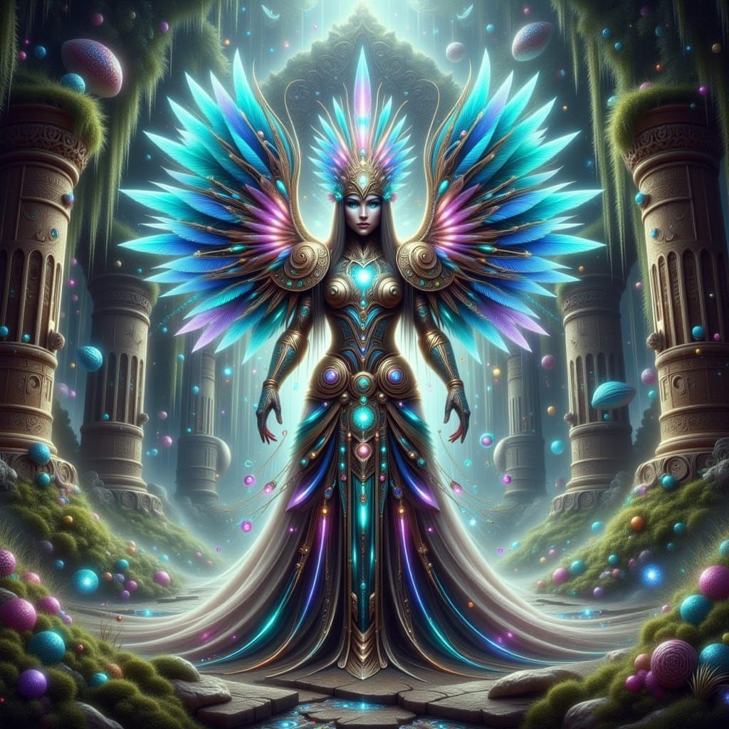 Mystical Warrior in Shimmering Armor at Ancient Temple's Edg...