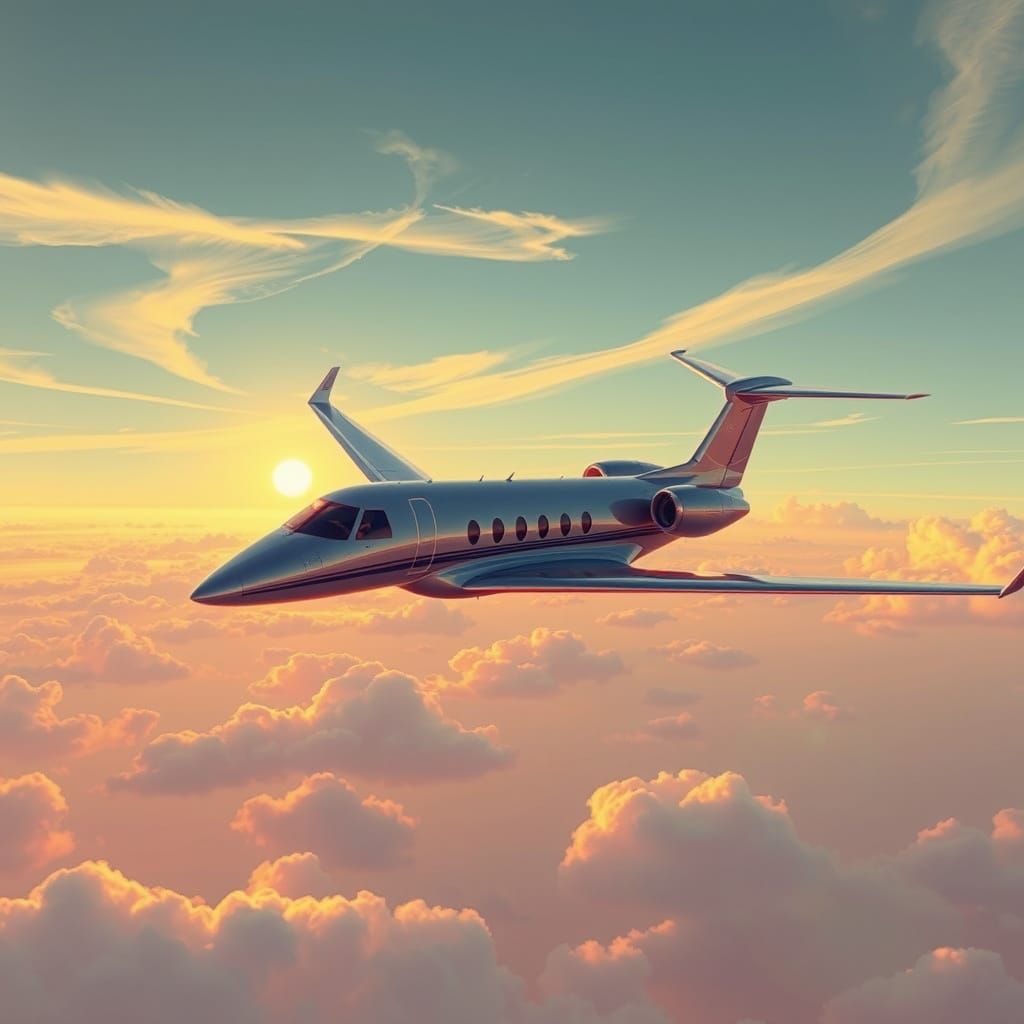 Luxurious Futuristic Jet Soars in a Pastel-Hued Sky