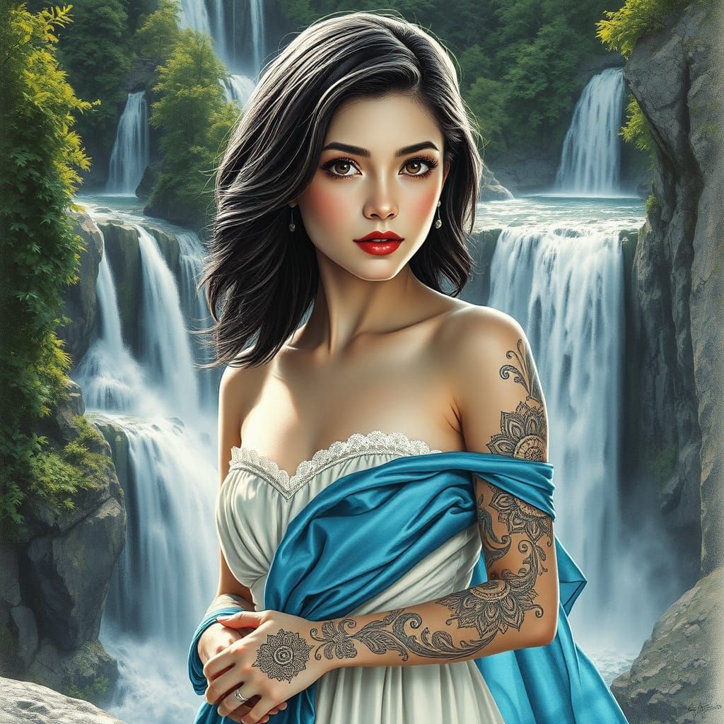 Ultra-Realistic Portrait of a Woman by a Waterfall in Elegan...