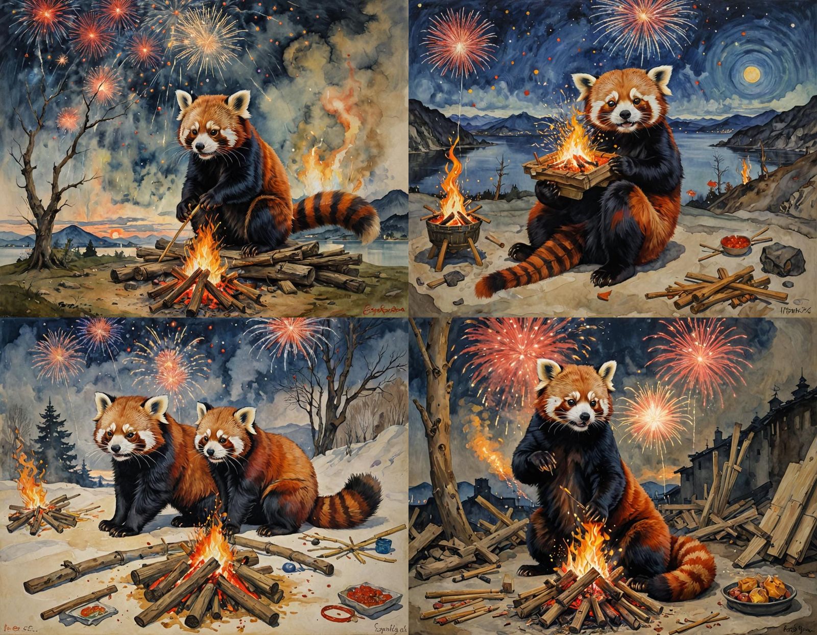 Disturbing Red Panda Portrait with Fireworks