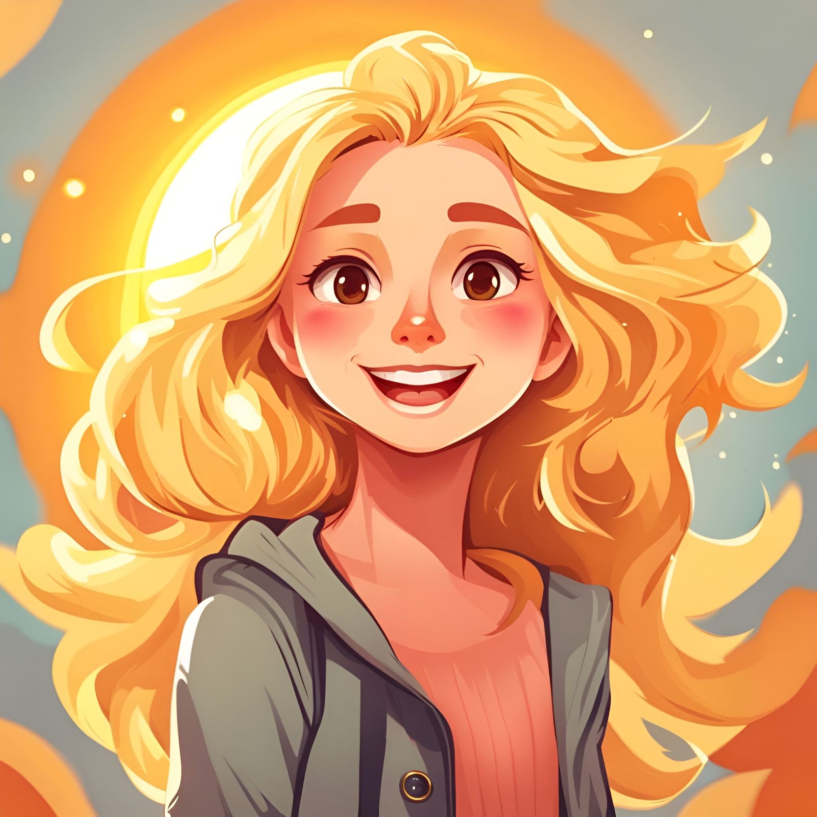 Cheerful Blonde Girl with Sunny Outfit in Cartoon Style