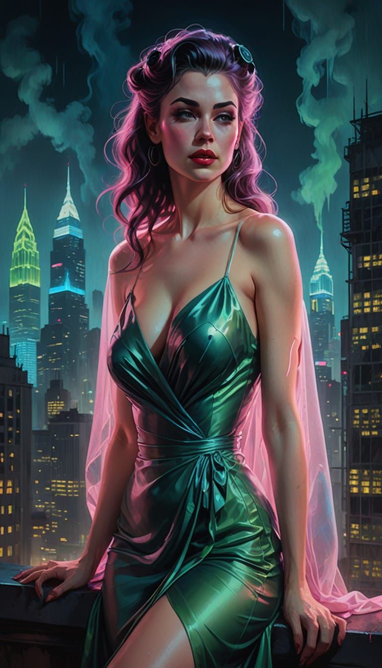 Ghostly Woman in Cyberpunk City, Gouache Style