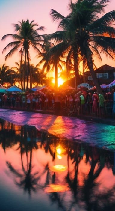 <lora:Joyful:1.0> Hot/ Summer/ Night, with palm trees silhou...