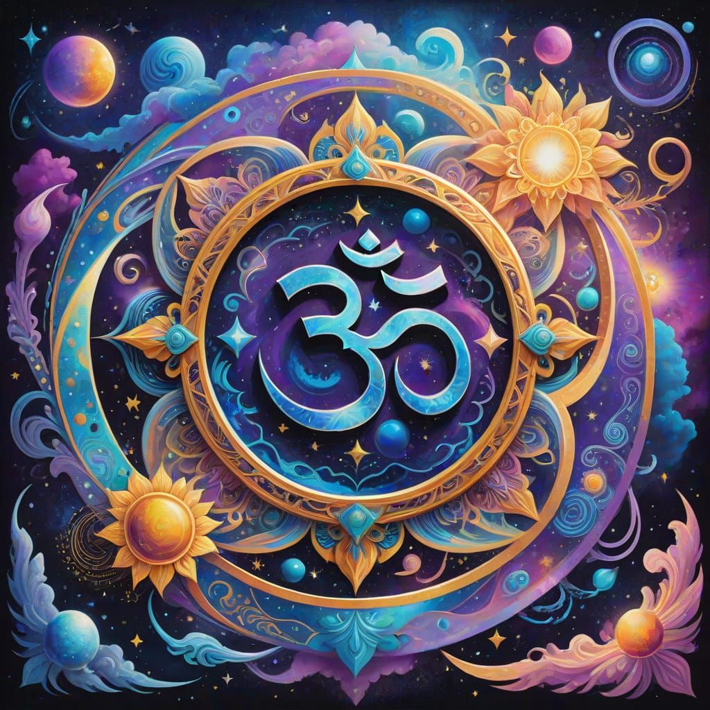 Cosmic Om Symbol Galaxy Illustration in Vibrant Mixed Media