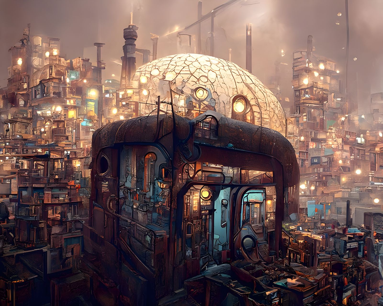 Cyber Post-Apocalyptic City Illustration in Steampunk Style
