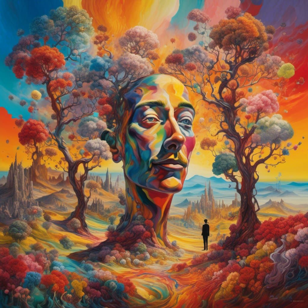 Vibrant Surrealist Landscape with Smiling Figure as Oil Pain...