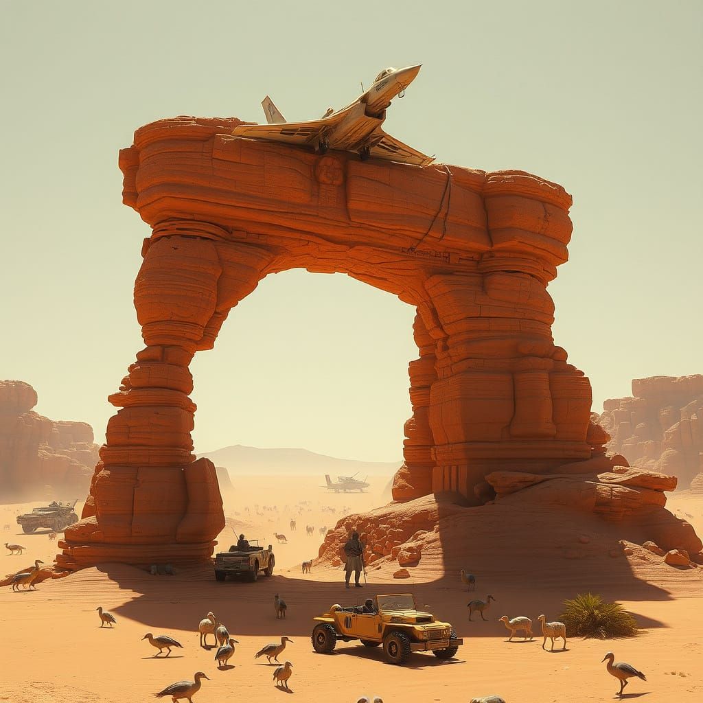 Heavy Iron Tank in Desert Landscape with F35 Fighter Jet