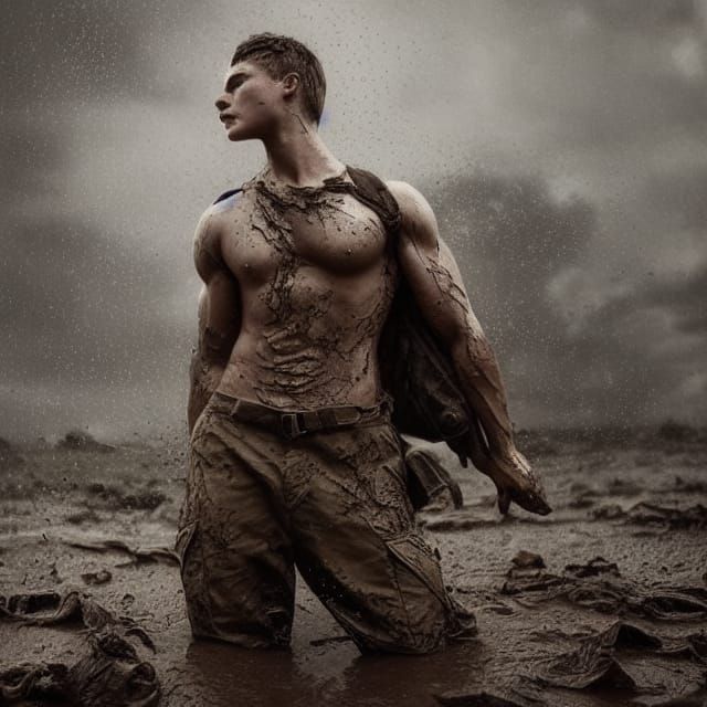 Muscular Soldier in Rainy, Muddy Battlefield