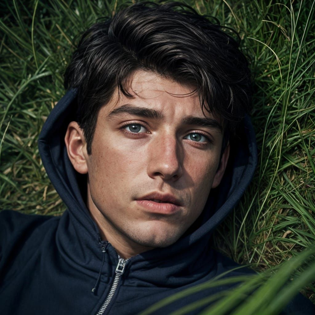 Man in Hoodie Lying in Grass, Natural Light