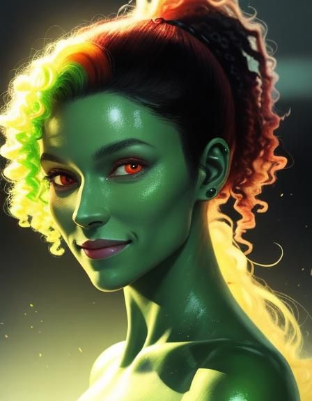 Humanoid Teen Girl with Green Skin and Red Eyes