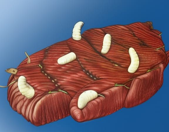 Realistic Worms Crawling on Beef Steak in Colored Pencil