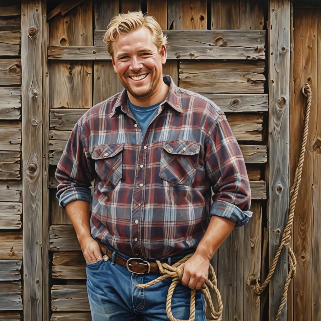 Friendly Blond Man with Rope: Photorealistic Oil Portrait