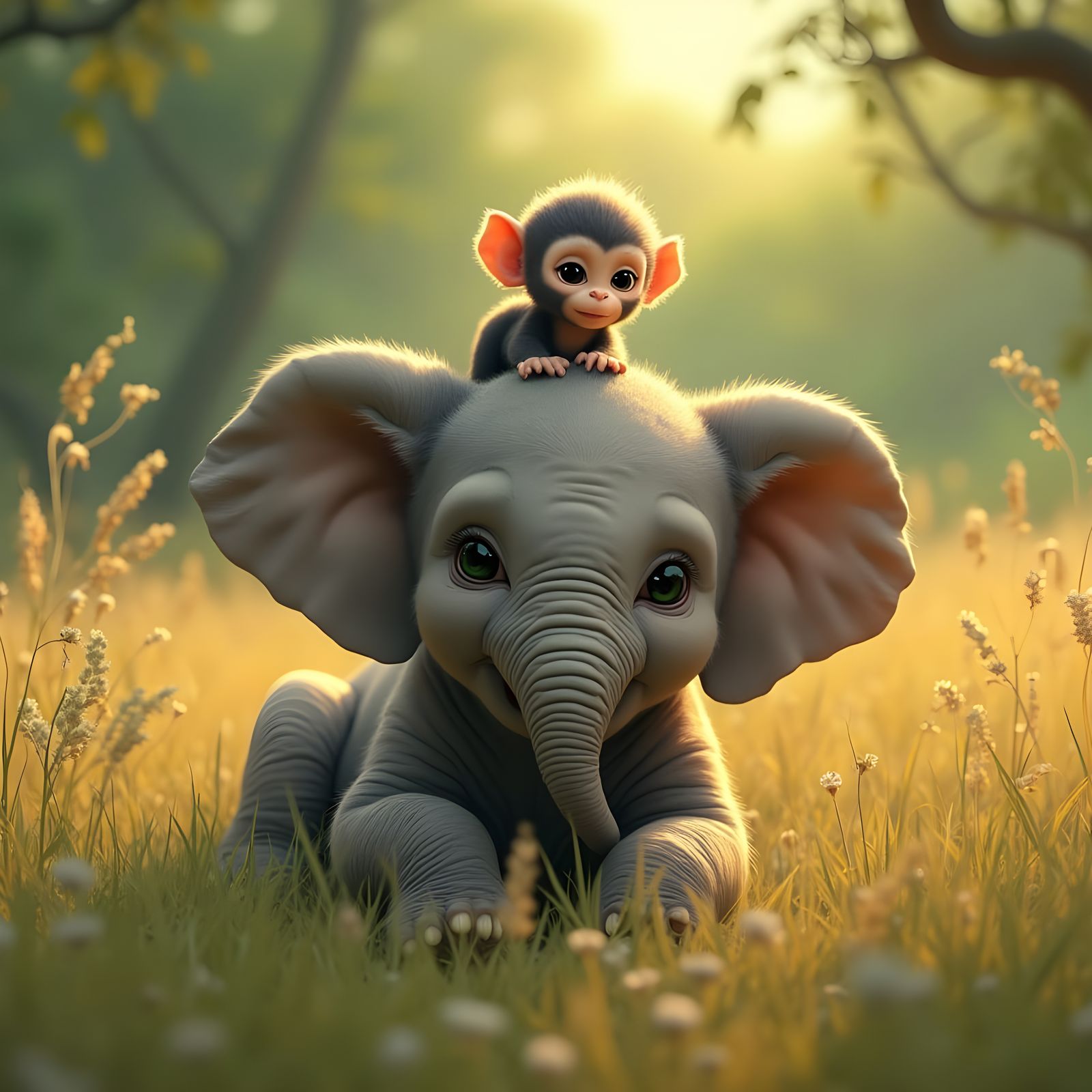 Elephant Cub and Monkey in Golden Grass