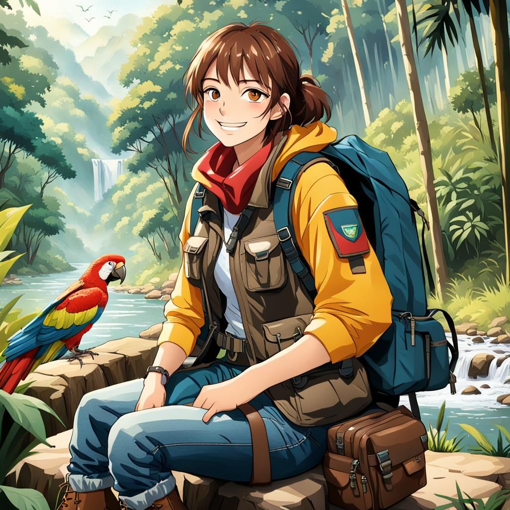 Anime Girl Explorer in Peruvian Jungle with Macaws