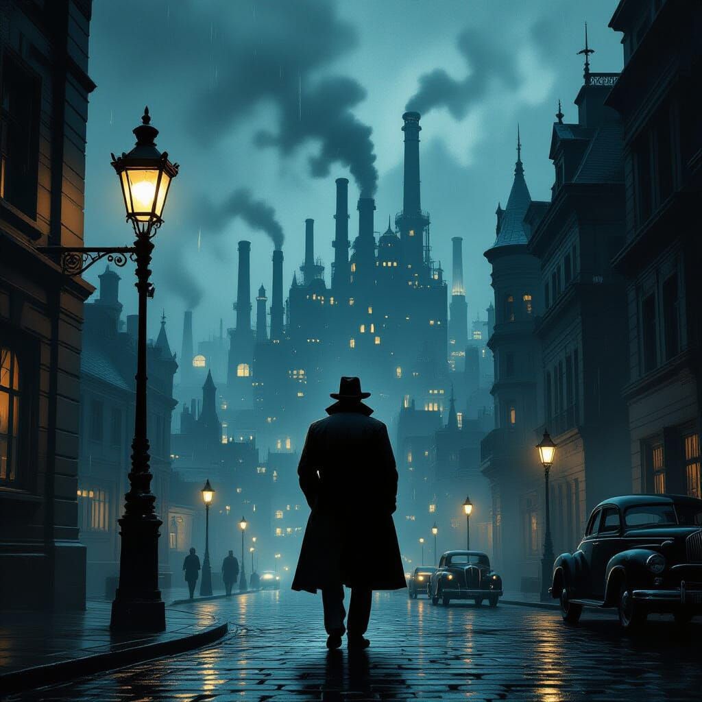 Steampunk Detective on Rainy Cobblestone Street